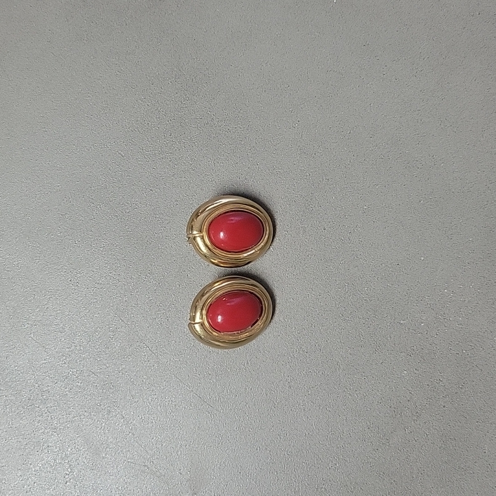 Vintage Monet Earrings Red Plastic and Gold Tone Metal